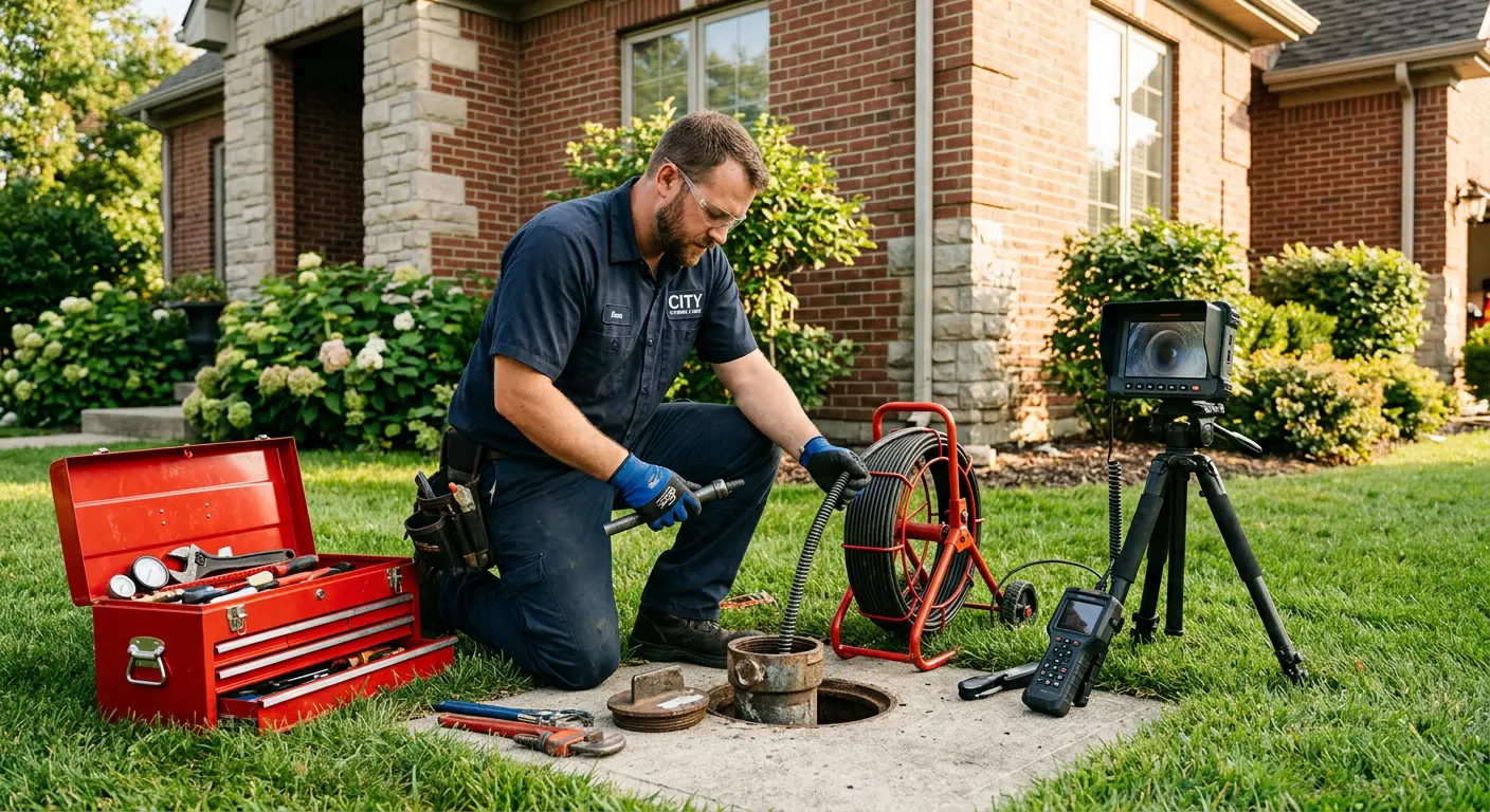 Sewer specialist with camera equipment servicing a cleanout in Manitowoc
