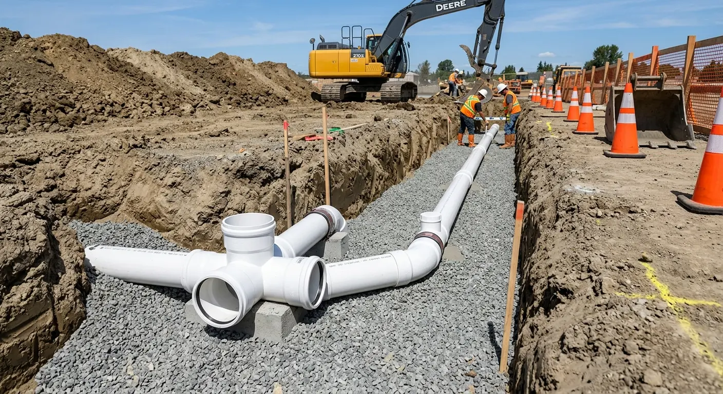 New PVC sewer pipe installation in open trench for Commercial Drain Cleaning in Manitowoc
