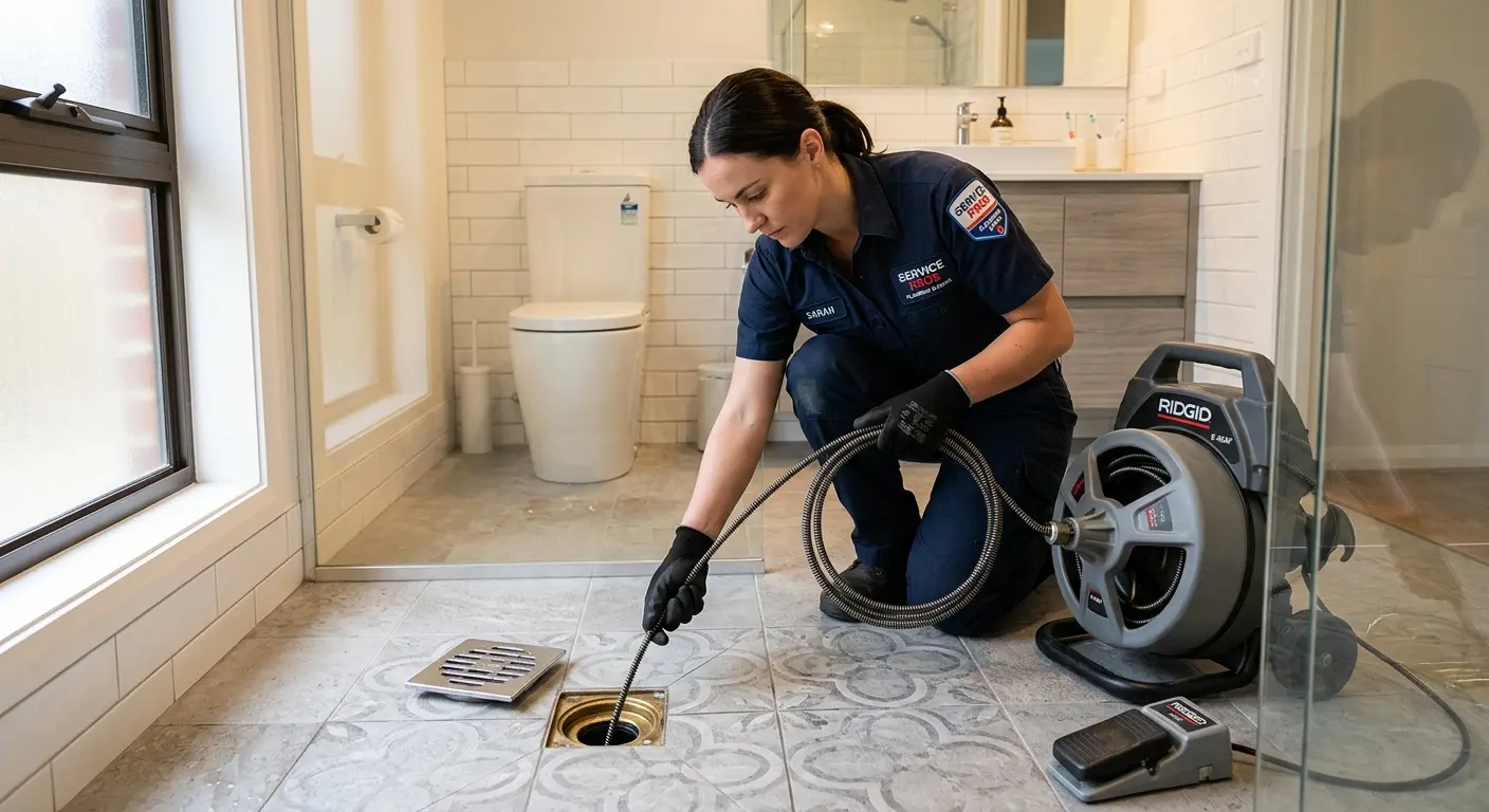Technician clearing a bathroom floor drain for Sewer Line Installation in Manitowoc